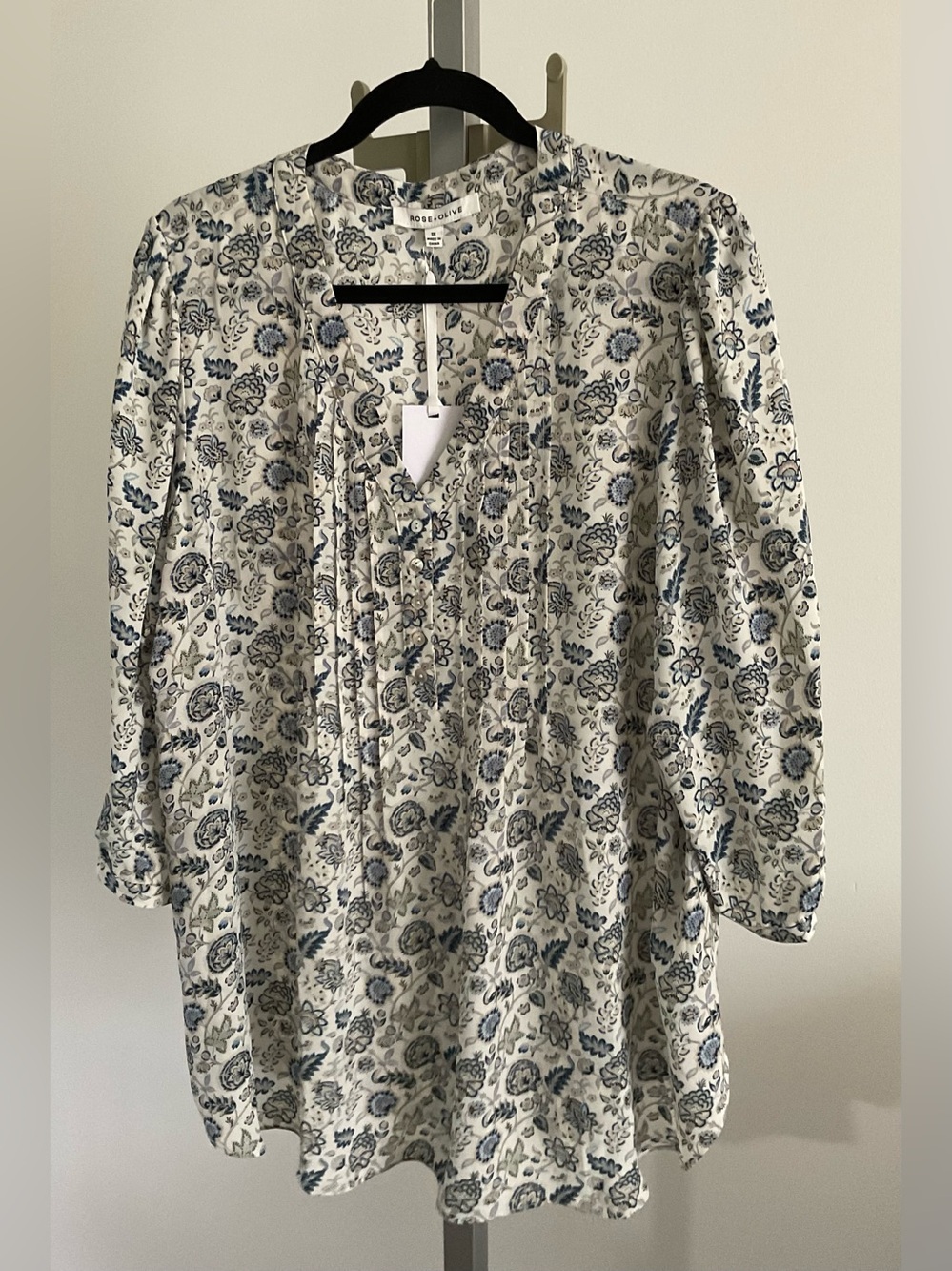 Rose & Olive Cream Floral Pintuck Henley Blouse
